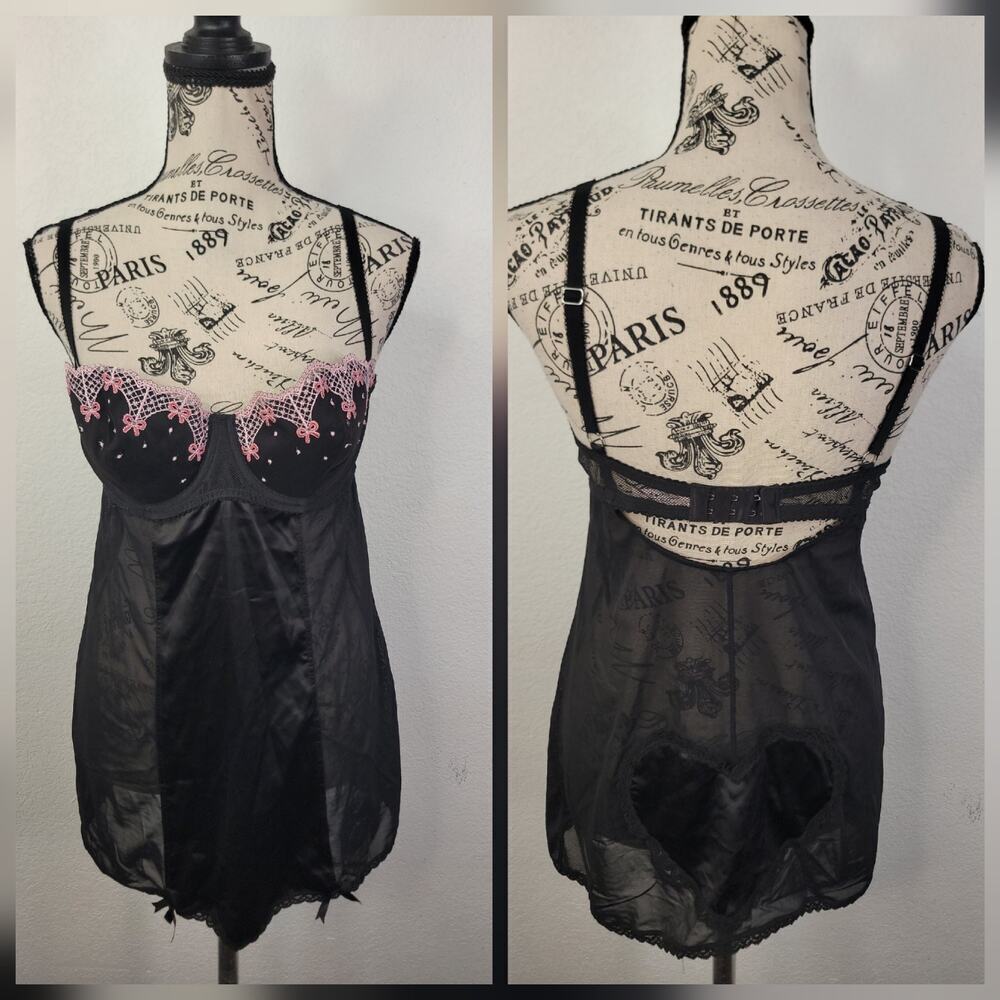 Victorias Secret Chemise Dress 36C Sheer Floral Pink Lace Black Whimsygoth Fairy